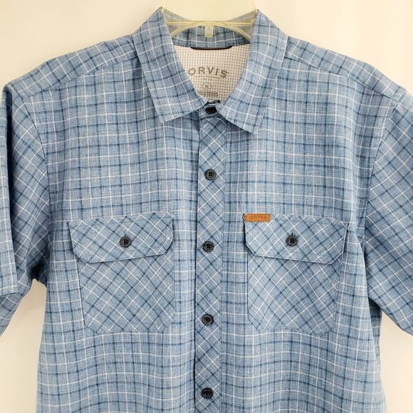 Orvis Button-Front Short Sleeve Woven Tech Shirt MEDIUM Blue Check Polyester - Picture 2 of 6
